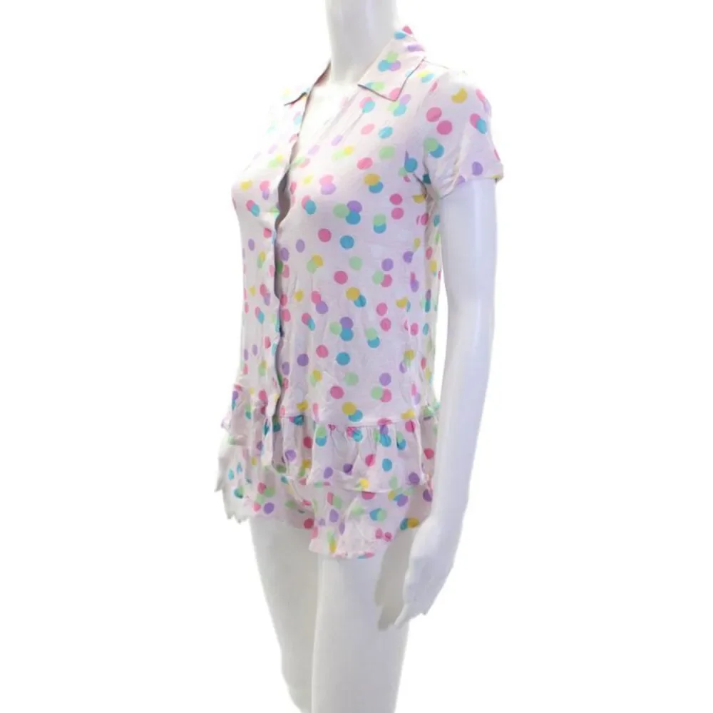 Emerson Road Womens Polka Dot Button Up Sleepwear Top + Shorts Set Pink Size XS